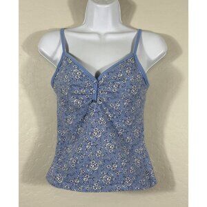 Vintage 2000’s Y2K Cropped Blue Floral 3 Button Tank Built In Bra Grunge Fairy S